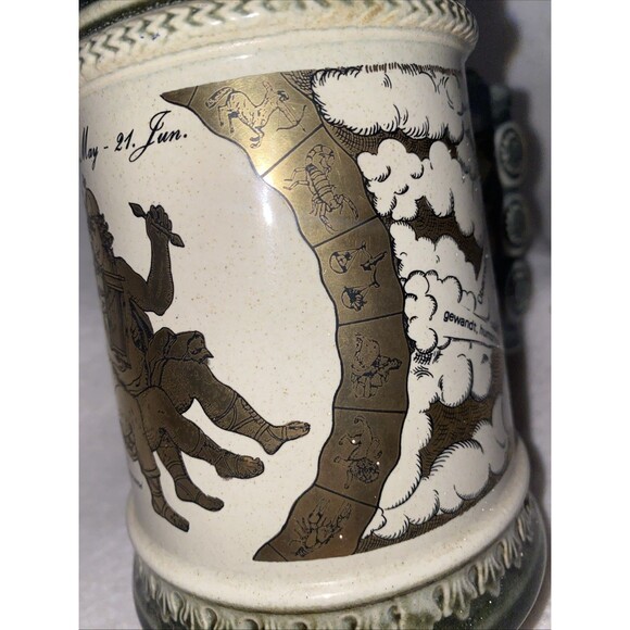 Vintage Gerzit Gerz Beer Stein Mug Lid W Germany Zodiac Cherub Gold Ceramic - Picture 6 of 11